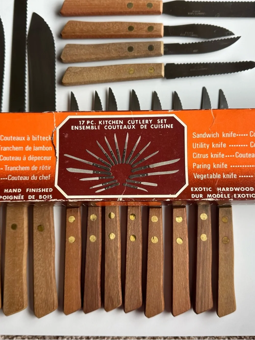 Vintage Kitchen Cutlery Set - Exotic Hard Wood Handles, Stainless Blades